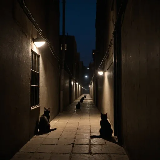 Prompt: a dark allyway in the middle of the night with short walls beside it and cats lined up sitting on the walls