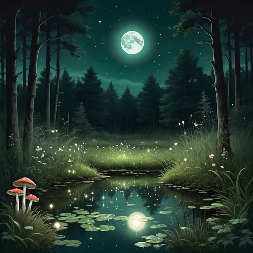 Prompt: Tall Dark Green Grass In A Forest Midnight With Some Mushrooms And The Glow Of The Moon And Shining Stars With A Reflection In A Small Pond
