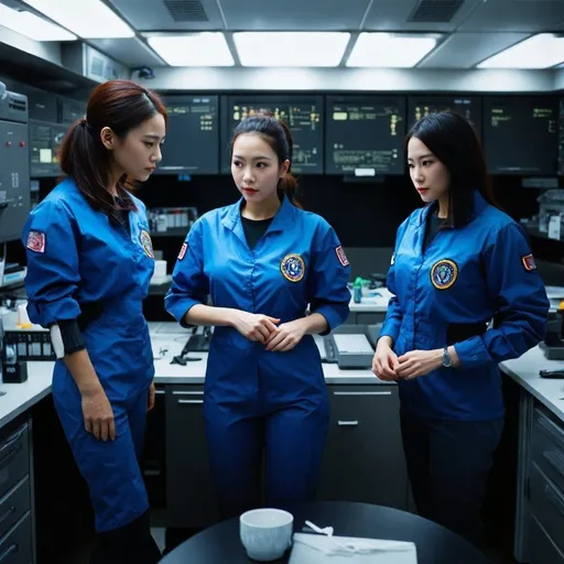 Prompt: 3 female spacesoldiers in a scifi lab getting reprogrammed
