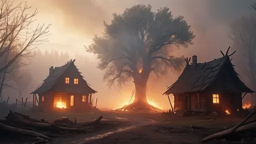 Prompt: small settlement up in flames, foggy, tree in the center, dramatic fantasy settlement scene, cinematic lighting