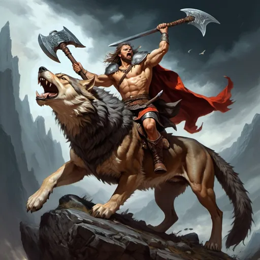 Prompt: Medieval warrior riding fenrir, holding gungnir and large axe, epic fantasy art, high detailed, oil painting, heroic fantasy, intense battle scene, dramatic lighting, ancient mythical theme, powerful and fearless warrior, mythical creatures, epic scale, grand and majestic, dynamic composition, medieval armor, mythical beasts, mythical weapons, ancient heroic tale, vibrant colors, epic and heroic, grand scale