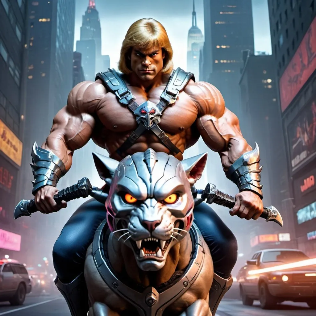 Prompt: He-man riding his battle-cat in futuristic NYC, holding the Sword of Grey Skull, modern futuristic armor, detailed muscle definition, high-tech vehicles in background, intense and focused gaze, urban cyberpunk setting, best quality, highres, ultra-detailed, futuristic, cyberpunk, detailed muscles, intense expression, professional, atmospheric lighting