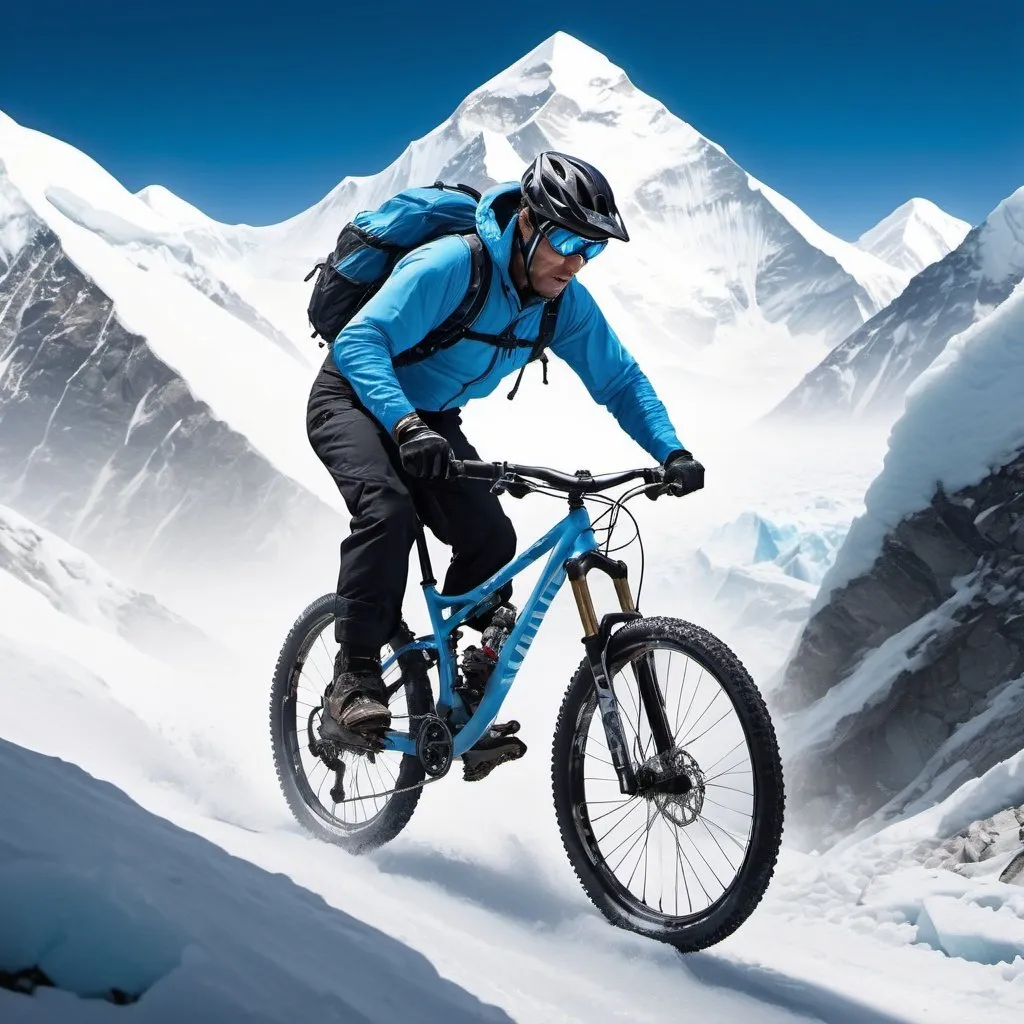 shimano mountain bike gliding down snowy Mount Evere