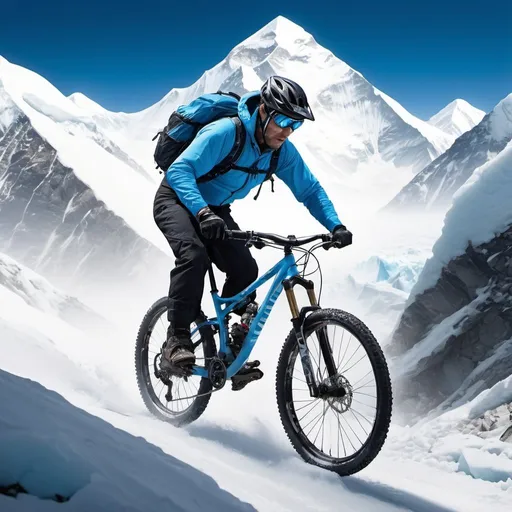 Prompt: shimano mountain bike gliding down snowy Mount Everest, ice and snow, high adrenaline, action-packed, extreme sports, dynamic movement, high-octane, high-speed, snow-covered slopes, frosty wind, breathtaking scenery, high-res, ultra-detailed, extreme sports, dynamic, adrenaline-pumping, icy blue tones, dramatic lighting