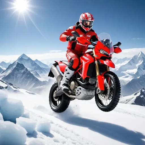 Prompt: ducati motocross gliding down snowy Mount Everest, ice and snow, high adrenaline, action-packed, extreme sports, dynamic movement, high-octane, high-speed, snow-covered slopes, frosty wind, breathtaking scenery, high-res, ultra-detailed, extreme sports, dynamic, adrenaline-pumping, icy blue tones, dramatic lighting