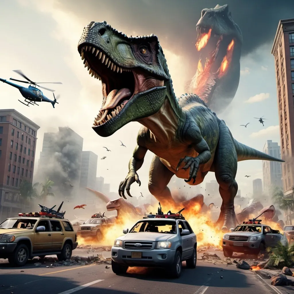 Prompt: Dinosaur rampage in open city, realistic 3D rendering, chaotic destruction, high quality, intense action, cityscape, terrified humans, helicopter in midair, cars and bikes tossed, detailed dinosaur scales, dramatic lighting, realistic color tones, highres, ultra-detailed, 3D rendering, chaotic, intense action, cityscape, terrified humans, midair helicopter, detailed dinosaur scales, dramatic lighting