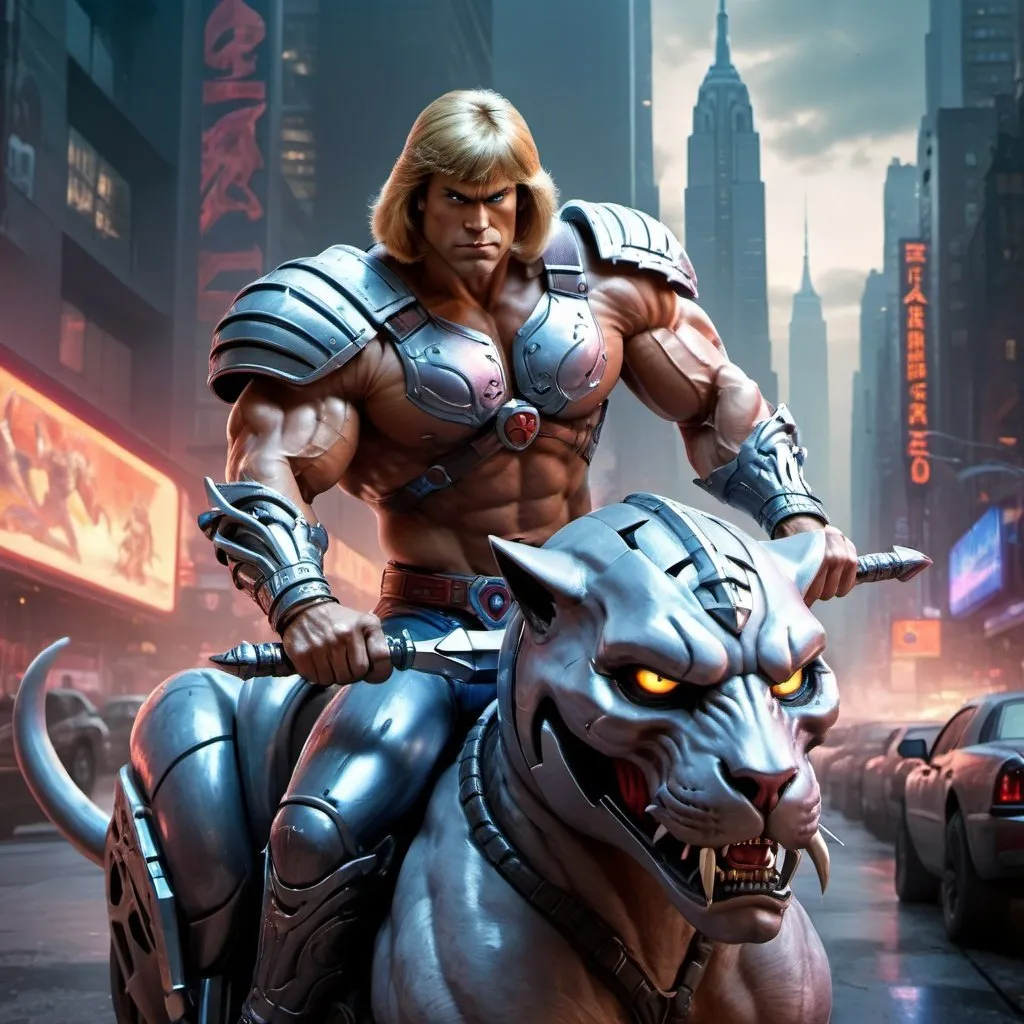 Prompt: He-man riding his battle-cat in futuristic NYC, holding the Sword of Grey Skull, modern futuristic armor, detailed muscle definition, high-tech vehicles in background, intense and focused gaze, urban cyberpunk setting, best quality, highres, ultra-detailed, futuristic, cyberpunk, detailed muscles, intense expression, professional, atmospheric lighting