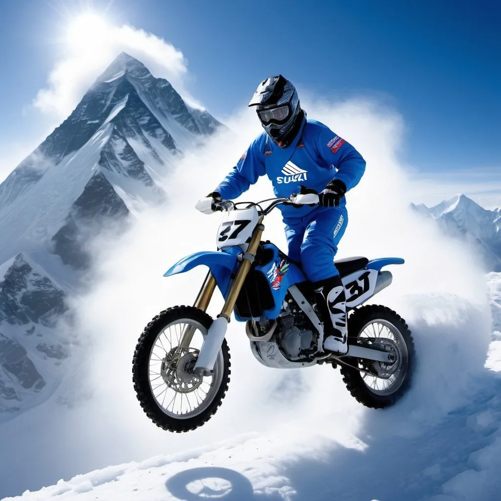 Prompt: suzuki motocross gliding down snowy Mount Everest, ice and snow, high adrenaline, action-packed, extreme sports, dynamic movement, high-octane, high-speed, snow-covered slopes, frosty wind, breathtaking scenery, high-res, ultra-detailed, extreme sports, dynamic, adrenaline-pumping, icy blue tones, dramatic lighting