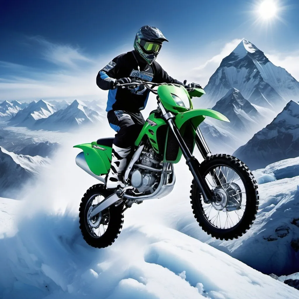 Prompt: Kawasaki motocross gliding down snowy Mount Everest, ice and snow, high adrenaline, action-packed, extreme sports, dynamic movement, high-octane, high-speed, snow-covered slopes, frosty wind, breathtaking scenery, high-res, ultra-detailed, extreme sports, dynamic, adrenaline-pumping, icy blue tones, dramatic lighting