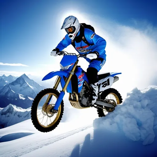 Prompt: suzuki motocross gliding down snowy Mount Everest, ice and snow, high adrenaline, action-packed, extreme sports, dynamic movement, high-octane, high-speed, snow-covered slopes, frosty wind, breathtaking scenery, high-res, ultra-detailed, extreme sports, dynamic, adrenaline-pumping, icy blue tones, dramatic lighting