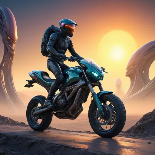 Prompt: Biker exploring alien city, riding alien bike, sunrise trio, highres, detailed, sci-fi, futuristic, alien landscape, intense and focused, atmospheric lighting, vibrant colors, detailed bike design, otherworldly architecture, professional rendering