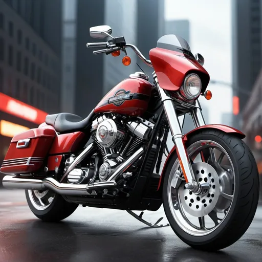 Prompt: High-resolution digital art of a 2000cc  harley davidson motorcycle with nitro black and red color, white sport rims, sleek and dynamic design, intense and vibrant, professional detailing, realistic rendering, futuristic urban background, adrenaline-fueled, detailed exhaust pipes, powerful presence, high-tech lighting, urban, futuristic, professional, dynamic, intense colors, sleek design, ultra-detailed, realistic rendering, vibrant red, nitro black, futuristic urban background