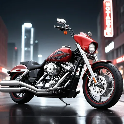 Prompt: High-resolution digital art of a 2000cc  harley davidson motorcycle with nitro black and red color, white sport rims, sleek and dynamic design, intense and vibrant, professional detailing, realistic rendering, futuristic urban background, adrenaline-fueled, detailed exhaust pipes, powerful presence, high-tech lighting, urban, futuristic, professional, dynamic, intense colors, sleek design, ultra-detailed, realistic rendering, vibrant red, nitro black, futuristic urban background