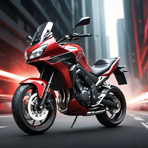 Prompt: High-resolution digital art of a 2000cc versys motorcycle with nitro black and red color, white sport rims, sleek and dynamic design, intense and vibrant, professional detailing, realistic rendering, futuristic urban background, adrenaline-fueled, detailed exhaust pipes, powerful presence, high-tech lighting, urban, futuristic, professional, dynamic, intense colors, sleek design, ultra-detailed, realistic rendering, vibrant red, nitro black, futuristic urban background
