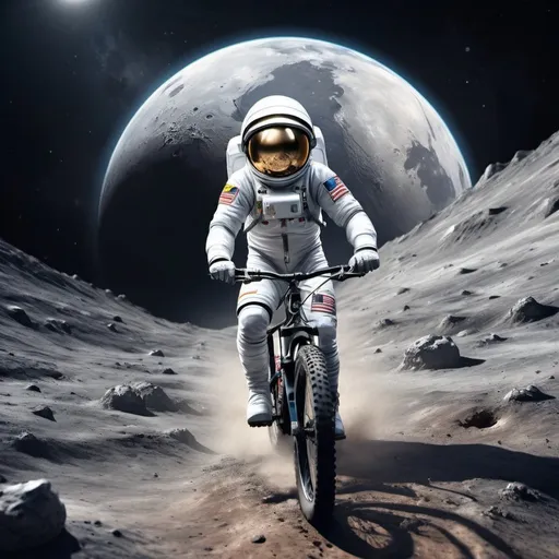 Prompt: Astronaut riding mountain bike on the moon, digital painting, lunar surface landscape, astronaut in space suit with reflective visor, detailed spacesuit design, Earth in the background, dramatic lighting, high quality, digital painting, lunar landscape, astronaut, space suit, detailed design, Earth, dramatic lighting, high res