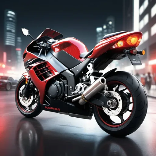 Prompt: High-resolution digital art of a 2000cc Kawasaki Ninja motorcycle with nitro black and red color, white sport rims, sleek and dynamic design, intense and vibrant, professional detailing, realistic rendering, futuristic urban background, adrenaline-fueled, detailed exhaust pipes, powerful presence, high-tech lighting, urban, futuristic, professional, dynamic, intense colors, sleek design, ultra-detailed, realistic rendering, vibrant red, nitro black, futuristic urban background