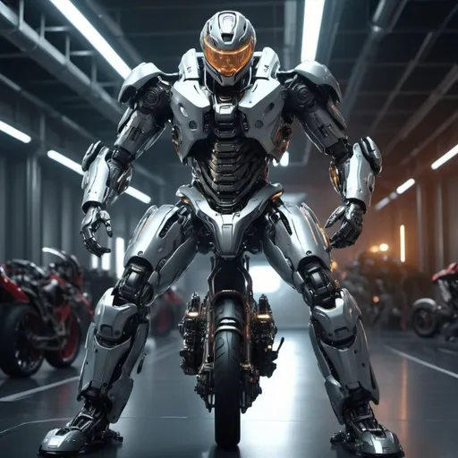 Prompt: Superbike transforming into a high-tech robo exo suit, intense battle with robots, metallic and futuristic design, detailed mechanical components, dynamic and action-packed scene, 4k, ultra-detailed, sci-fi, robotic transformation, high-tech, futuristic, intense battle, metallic sheen, dynamic composition, professional, atmospheric lighting