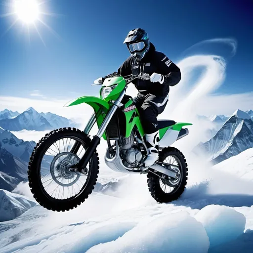 Prompt: Kawasaki motocross gliding down snowy Mount Everest, ice and snow, high adrenaline, action-packed, extreme sports, dynamic movement, high-octane, high-speed, snow-covered slopes, frosty wind, breathtaking scenery, high-res, ultra-detailed, extreme sports, dynamic, adrenaline-pumping, icy blue tones, dramatic lighting