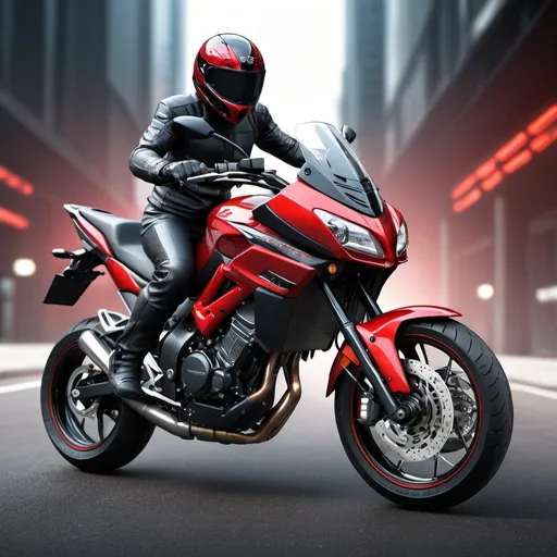 Prompt: High-resolution digital art of a 2000cc versys motorcycle with nitro black and red color, white sport rims, sleek and dynamic design, intense and vibrant, professional detailing, realistic rendering, futuristic urban background, adrenaline-fueled, detailed exhaust pipes, powerful presence, high-tech lighting, urban, futuristic, professional, dynamic, intense colors, sleek design, ultra-detailed, realistic rendering, vibrant red, nitro black, futuristic urban background