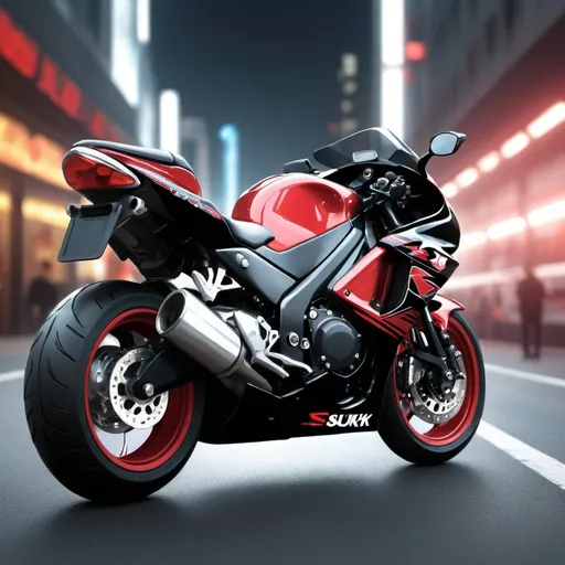 Prompt: High-resolution digital art of a 2000cc suzuki gsx motorcycle with nitro black and red color, white sport rims, sleek and dynamic design, intense and vibrant, professional detailing, realistic rendering, futuristic urban background, adrenaline-fueled, detailed exhaust pipes, powerful presence, high-tech lighting, urban, futuristic, professional, dynamic, intense colors, sleek design, ultra-detailed, realistic rendering, vibrant red, nitro black, futuristic urban background