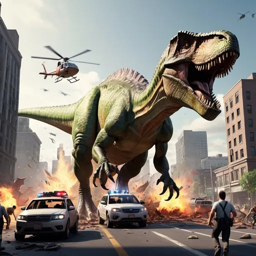 Prompt: Dinosaur rampage in open city, realistic 3D rendering, chaotic destruction, high quality, intense action, cityscape, terrified humans, helicopter in midair, cars and bikes tossed, detailed dinosaur scales, dramatic lighting, realistic color tones, highres, ultra-detailed, 3D rendering, chaotic, intense action, cityscape, terrified humans, midair helicopter, detailed dinosaur scales, dramatic lighting