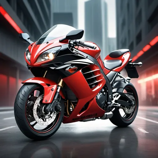 Prompt: High-resolution digital art of a 2000cc Kawasaki Ninja motorcycle with nitro black and red color, white sport rims, sleek and dynamic design, intense and vibrant, professional detailing, realistic rendering, futuristic urban background, adrenaline-fueled, detailed exhaust pipes, powerful presence, high-tech lighting, urban, futuristic, professional, dynamic, intense colors, sleek design, ultra-detailed, realistic rendering, vibrant red, nitro black, futuristic urban background