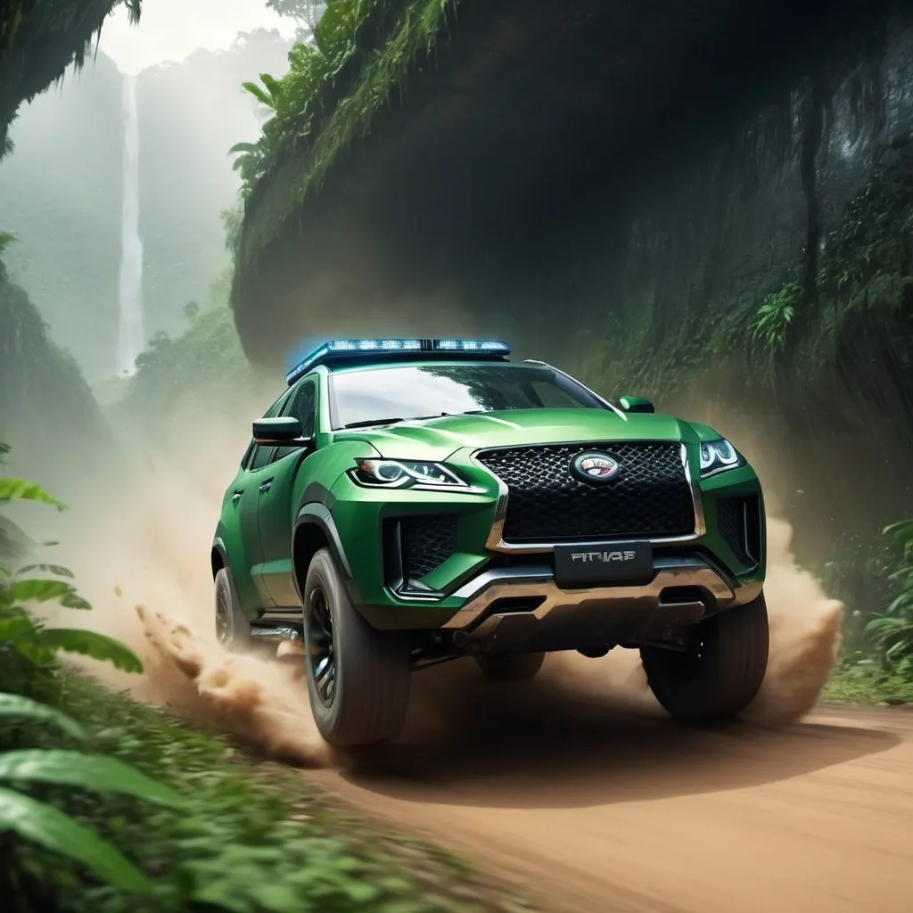 Prompt: Futuristic SUV being chased by a large panther in the Amazon jungle, speeding at 200 km/h, leaping across a canyon, ultra-detailed, 4k, high-speed chase, futuristic, jungle, SUV, adrenaline rush, lush greenery, motion blur, futuristic design, intense action, exotic wildlife, high-stakes chase, dynamic lighting