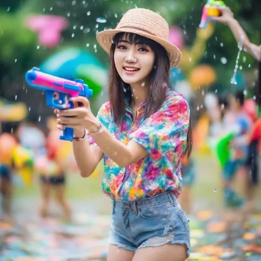 Prompt: splashing water festival, a young asia woman in a colorful flower print shirt ,jasmin garland ,wear shorts ,posing for a picture with watergun,detail skin,detail eye , full body portrait, a stock photo,blur background