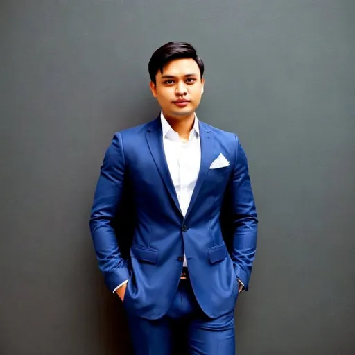 Prompt: handsome  thai man, 33 year old in blue nevy suit with shirt open to waist, posing for a picture, (round face, high cheekbones, almond-shaped blue eyes, epicanthic fold, small delicate nose), , action pose,elegant, hd, stylish,super flat