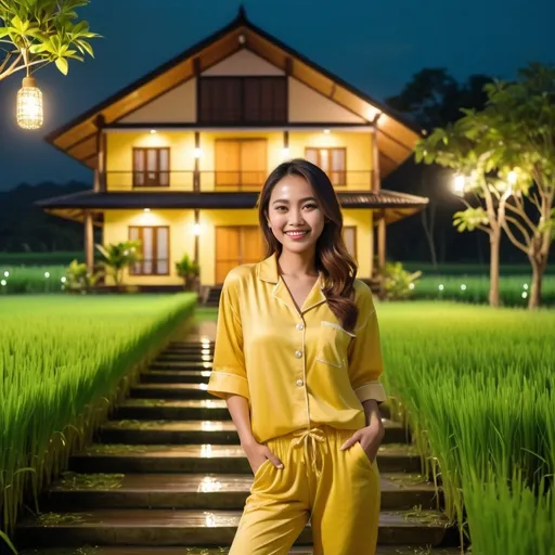 Prompt: Young smiling Thai woman wearing yellow pajamas in front of house at night set on green rice fields, modern country style. The outdoor staircase promotes a Pinterest image of a Norman style, natural and organic. and a comfortable and fluid atmosphere. The front has beautiful elements, rain lights, hippie panels.