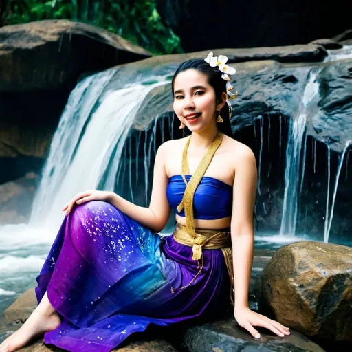 Prompt: A young Thai woman wears a Thai Siwali dress, purple with blue and gold gradients, flowing fabric, a tiered skirt with flowers, her hair is in a wet braid, she is playing in the splashing water, sitting on the rocks behind the waterfall.