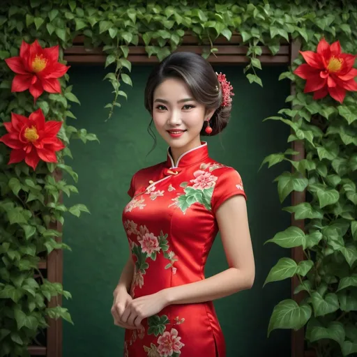 Prompt: full-body shot ,Realistic photo of a beautiful woman in Qipao red dress, posing gracefully with a serene expression, smile a little,lush green ivy wall in the background, vivid red flower delicately tucked in her hair, highly detailed, photorealistic,  , professional, vibrant colors, intricate details, elegant pose, high quality, realistic style, serene ambiance