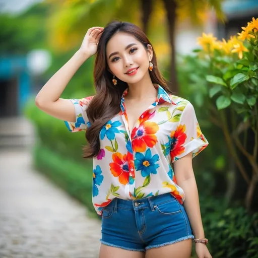 Prompt: a young asia woman in a colorful flower print shirt ,jasmin garland on her neck ,wear shorts posing for a picture with her hand up to the side,detail skin,detail eye , full body portrait, a stock photo,blur background7
