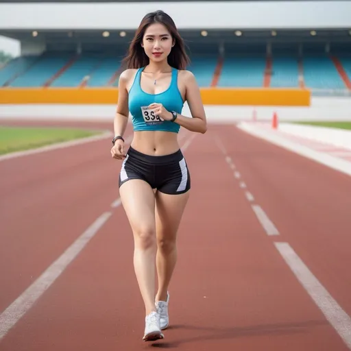 Prompt: thai woman .age 28 , running on a race track , stockings, big chest, slim thick, dolphin pants, braline, , gravure, uhd, realistic, 4k, 8k, full body, photoshoot, tight shorts, tight pants, crop top, fit