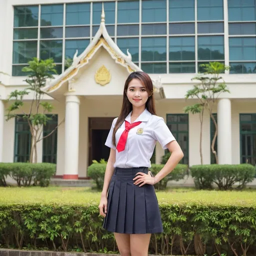Prompt: a woman collage student in thai nuiversity uniform and posing for a picture in front of a building with a window behind her, Chen Jiru, private press, professional, a stock photo