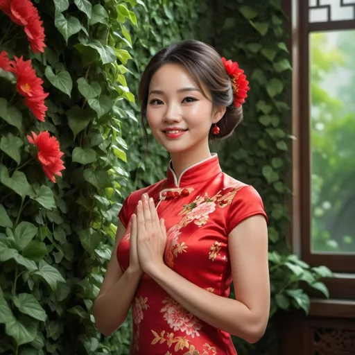 Prompt: full-body shot ,Realistic photo of a beautiful woman in Qipao red dress, standing smile side view with her hands folded in prayer position expression, smile a little,lush green ivy wall in the background, vivid red flower delicately tucked in her hair, highly detailed, photorealistic,  , professional, vibrant colors, intricate details, elegant pose, high quality, realistic style, serene ambiance