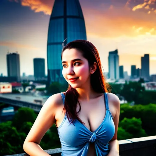 Prompt:  big blue eyes,asia beautiful woman in   tie top and fit long jeans, pose a picture, vibrant colors, elegant pose,  , vibrant blue, vivid details, high contrast, professional lighting,4k ,detail eye ,detail face ,detail skin,with highlighted long brown hair, striking , in a film poster style, in a city outdoor setting at sunset with warm light, shot by Canon EOS 1100D, highres, emotional, wet hair, wet shirt, detailed eyes, dramatic lighting, cinematic, cityscape, warm tones