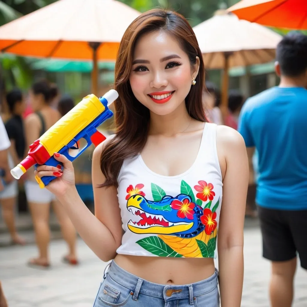 Prompt: A Thai girl ,hold water gun paint alligator skin on it,detail skin, Thai girl,28 years old,white skin, makeup ,red cheek, smiling, wearing a paint on floral top tank  showing logo \"marwin"\ and short pants, , with the background of the Thai Songkran festival