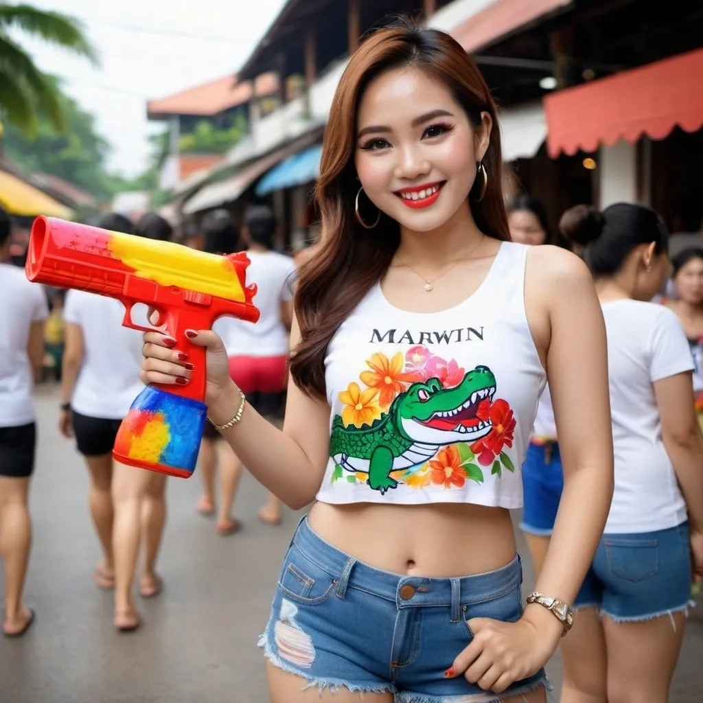 Prompt: A Thai girl ,hold water gun paint alligator skin on it,detail skin, Thai girl,28 years old,white skin, makeup ,red cheek, smiling, wearing a paint on floral top tank  showing logo \"marwin"\ and short pants, , with the background of the Thai Songkran festival