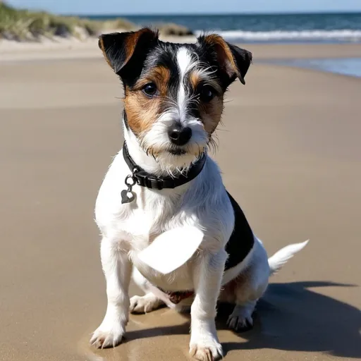 Prompt: a wire haired Jack Russell terrier with white and black fur. sitting on a sandy beach