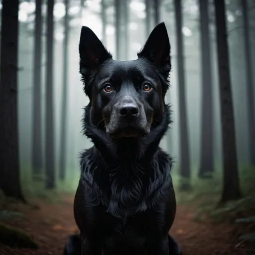 Prompt: A scary image of a shadowy black dog against a forest background