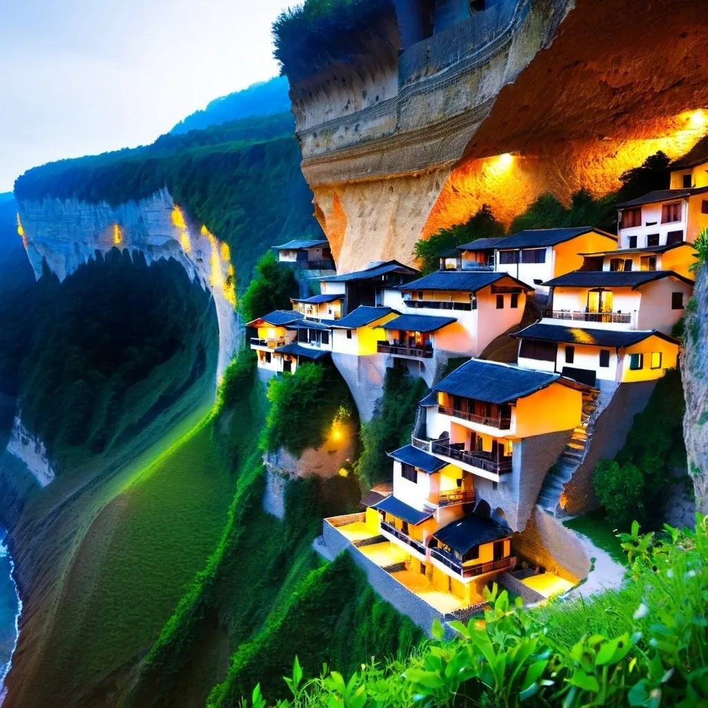 Prompt: village built into a cliff