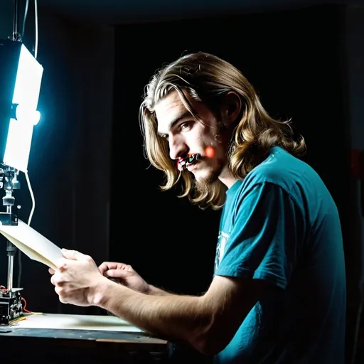 Prompt: a young man with long hair and a mustache developing photos in a darkroom