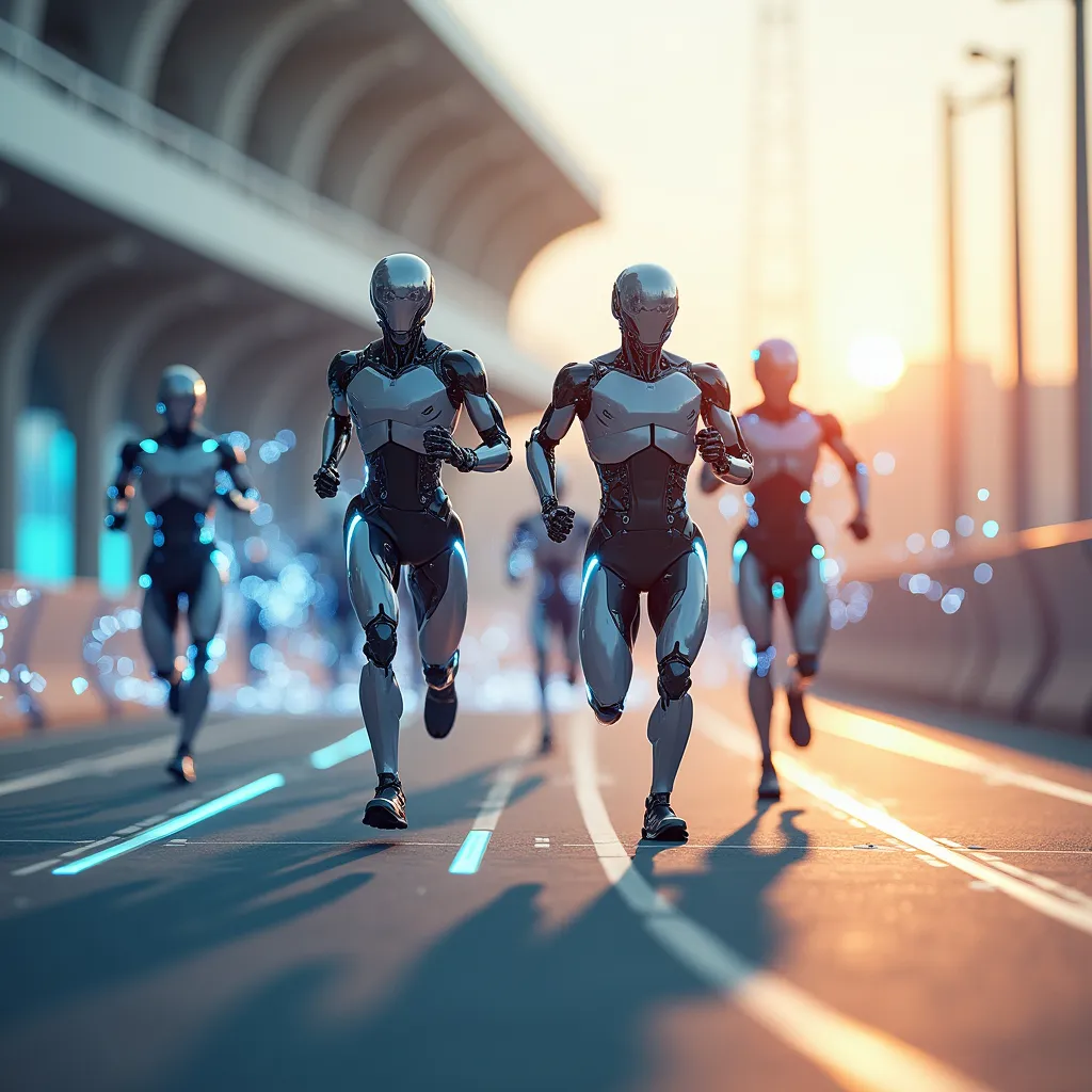 Prompt: Futuristic marathon race, human runners and humanoid robots sprinting side by side on a sunlit urban track, neon blue circuit patterns floating in the air, ultra-detailed 3D rendering, cinematic lighting, tech-core aesthetic, 8k --ar 16:9`
