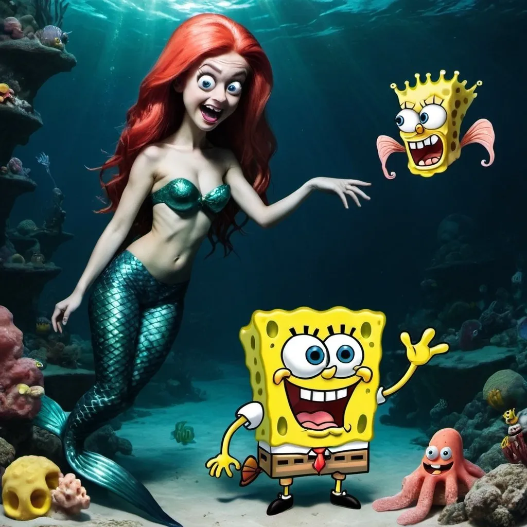 Prompt: make an image of an evil mermaid and spongebob
