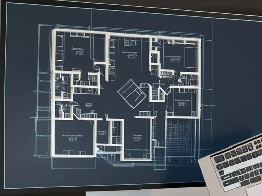 Prompt: a computer screen showing a drawing of a house plan on it's display screen, with a computer keyboard and mouse, Enguerrand Quarton, lyco art, isometric view, a digital rendering