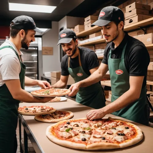 Prompt: Pizza shop workers are using Kanban practices for creating and delivering pizzas