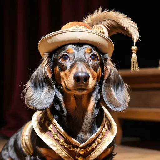 Prompt: Brindle long-hair dachshund in full costume acting in a school Shakespeare play, Must have a hat. detailed fur with warm reflections, expressive eyes, Shakespearean costume, theatrical stage setting, dramatic lighting, high quality, detailed, theatrical, Shakespearean, costume design, warm tones, stage lighting