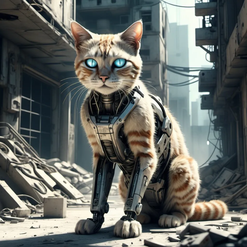 Prompt: Futuristic post-warzone city, abandoned old buildings, desolate streets, empty and eerie atmosphere, detailed cat with hopeful expression, CAT WITH MECHANICAL LEG USED AS WAR MACHINE, cybernetic enhancements, highres, ultra-detailed, dystopian, futuristic, post-apocalyptic, cat searching for hope, cool tones, atmospheric lighting