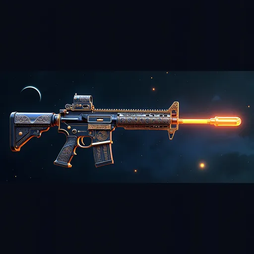 Prompt: “A hyper-detailed PUBG Mobile SCAR-L assault rifle, Eclipse Monarch skin, futuristic cosmic theme. Polished obsidian body with a glowing blue-orange gradient (midnight blue at grip, solar orange at barrel). Intricate gold and silver filigree with star charts and runes etched into the frame. 5–7 tiny glowing orbs orbiting the gun with faint comet-like trails. Background: dark starry cosmos with a faint solar eclipse (dark moon, glowing corona). Subtle bullet trails (blue-orange) and a small supernova impact burst near the muzzle. Faint eclipse symbol in the background. PUBG Mobile promotional style, high-res, realistic textures, regal and premium, futuristic sci-fi aesthetic, dramatic lighting with rim glow, 1920x1080.”